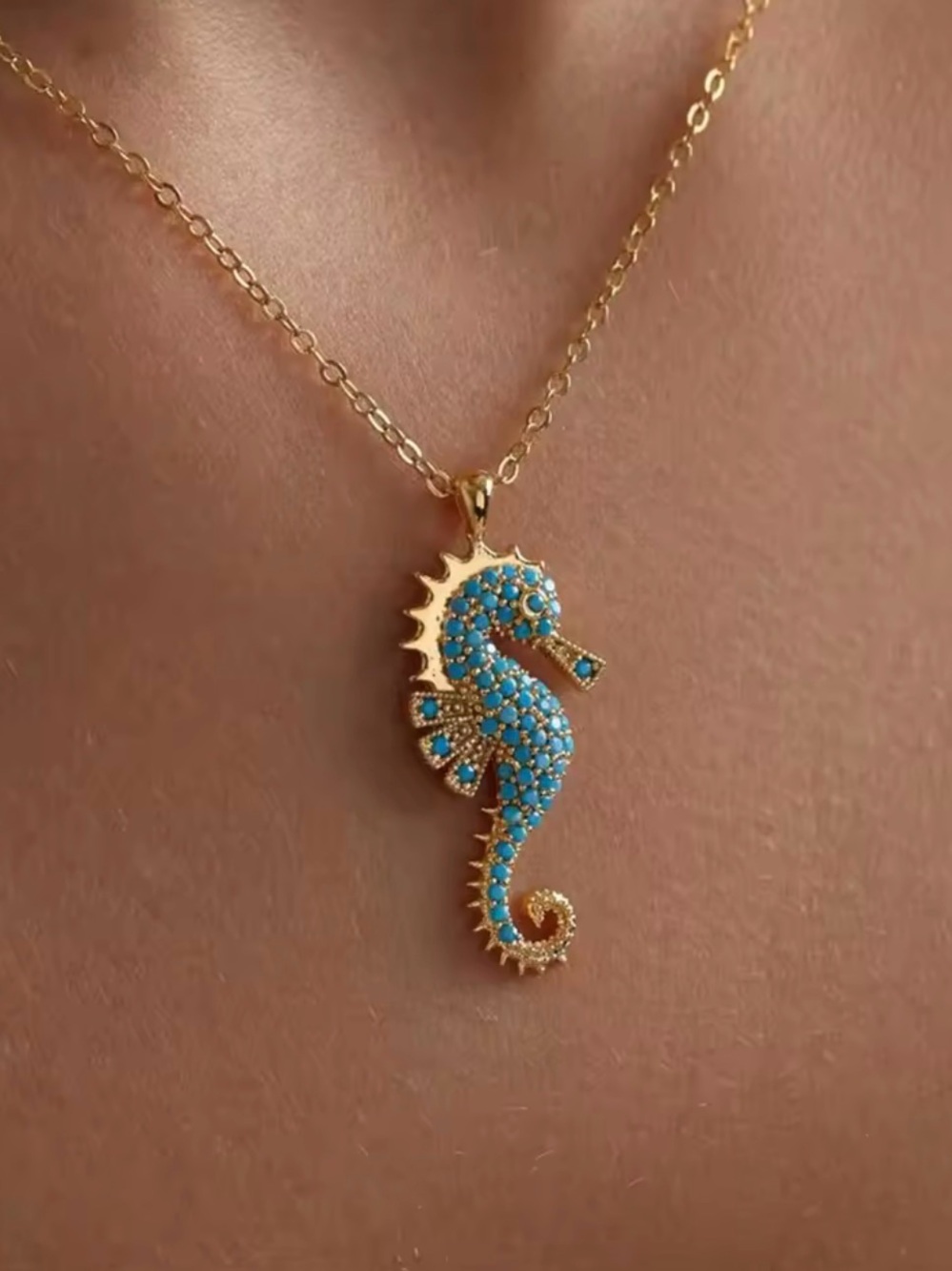 Gold Seahorse Pendant Necklace with Blue Stones - Women Jewelry